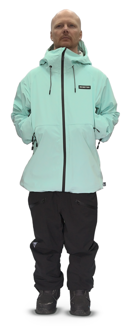 Tommie Bennett wearing the mint Focus Jacket, front view