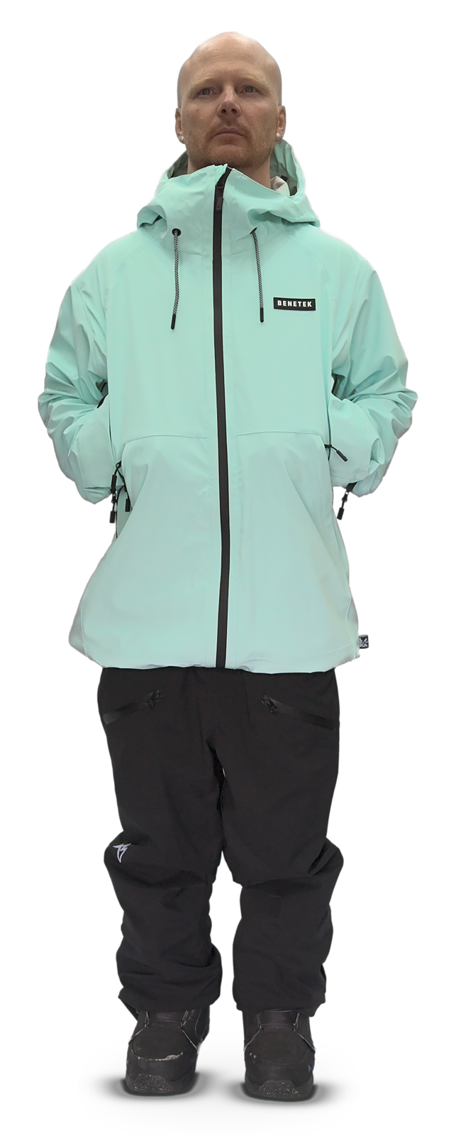 Tommie in the mint Focus Jacket, hands in the chest pockets