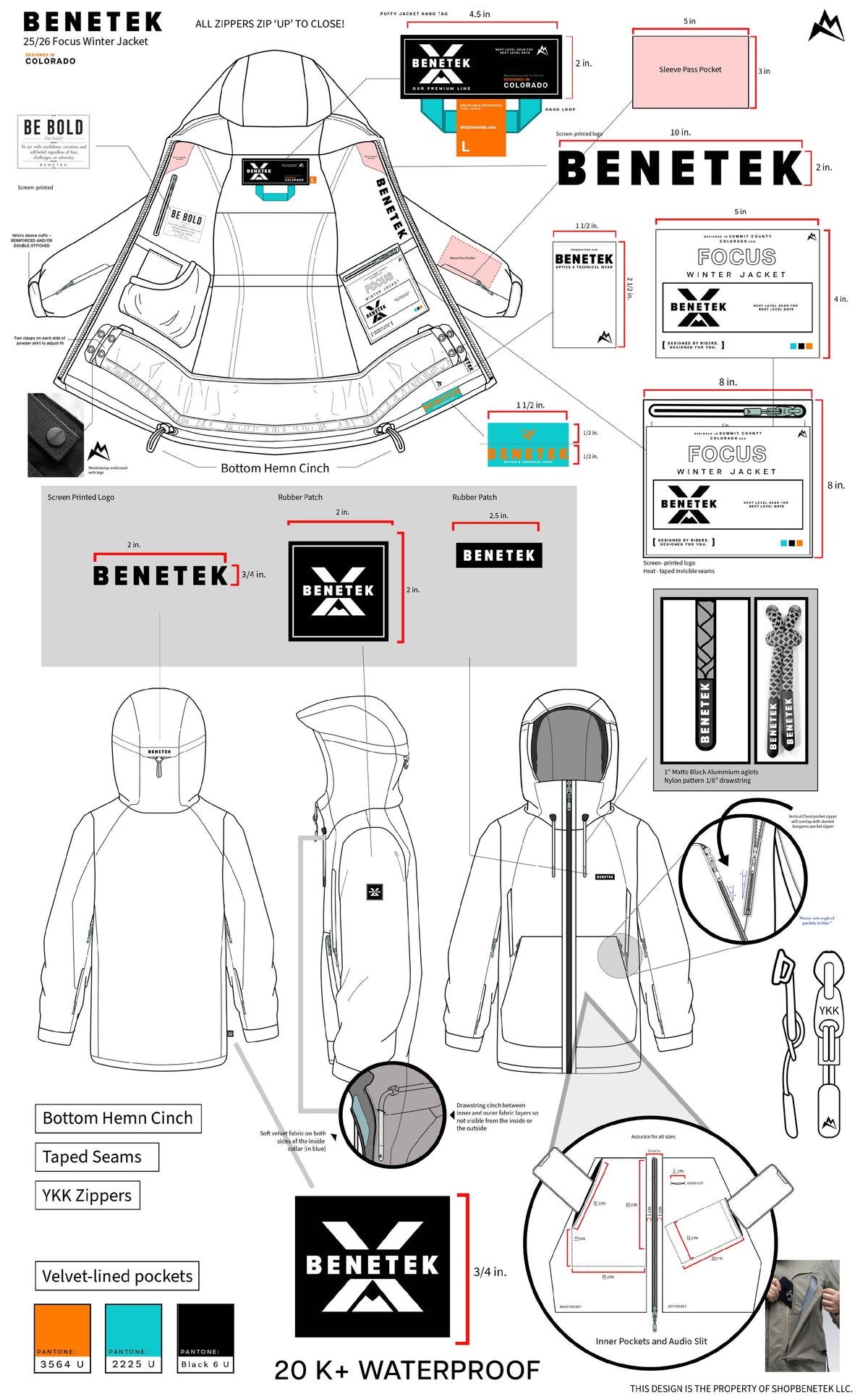 Tech pack page showing the inside of the Focus Jacket with the Be Bold print